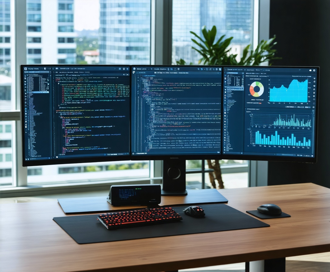 Modern tech professional working on a high-end workstation