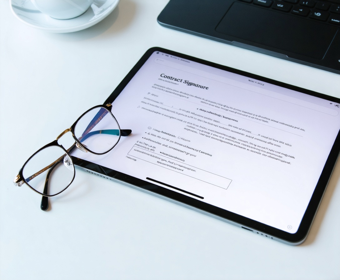 Tablet and glasses on a desk representing digital legal agreements